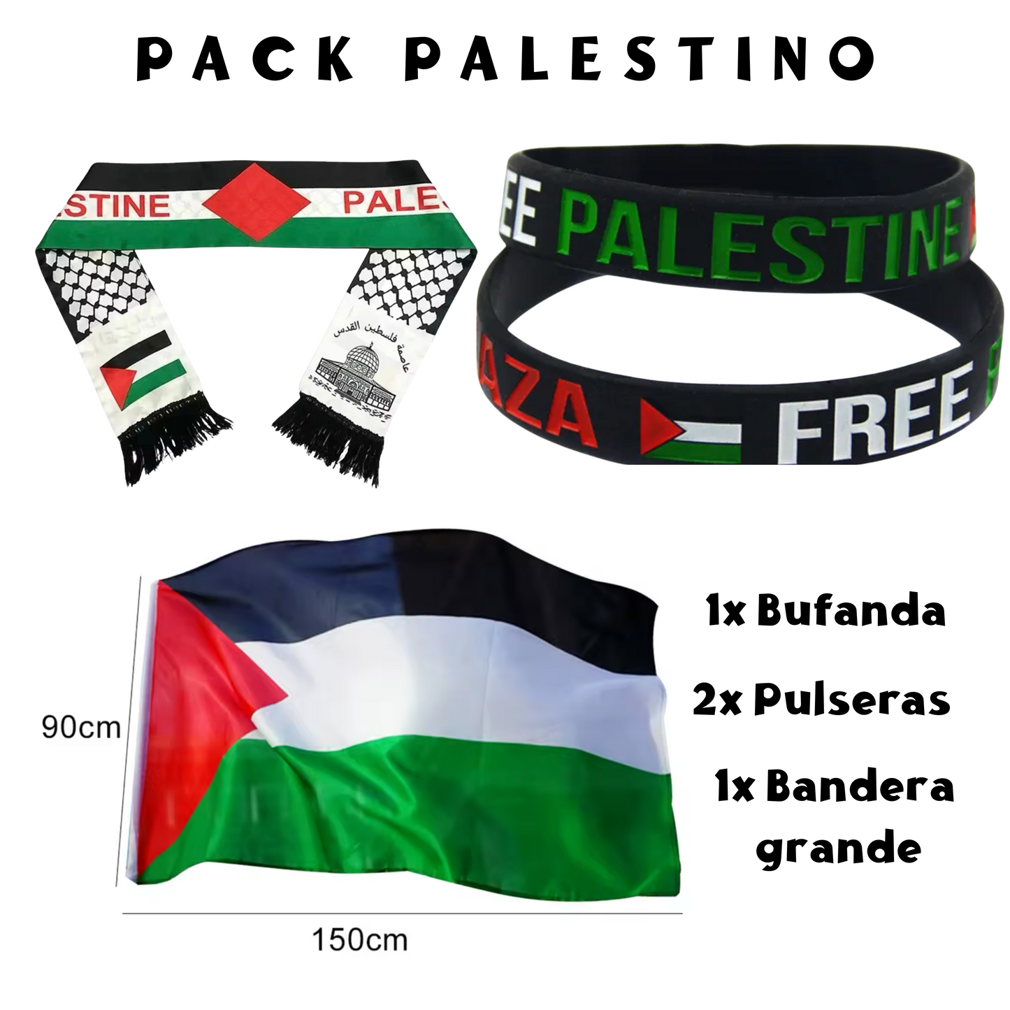 Pack Palestina: 1 Bandera, 2 pulseras, 1 bufanda de Palestina