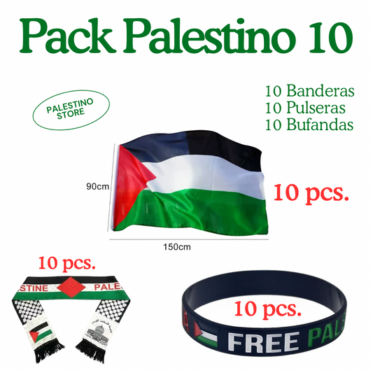 Pack Palestino 10 (10 Banderas + 10 Pulseras + 10 Bufandas)